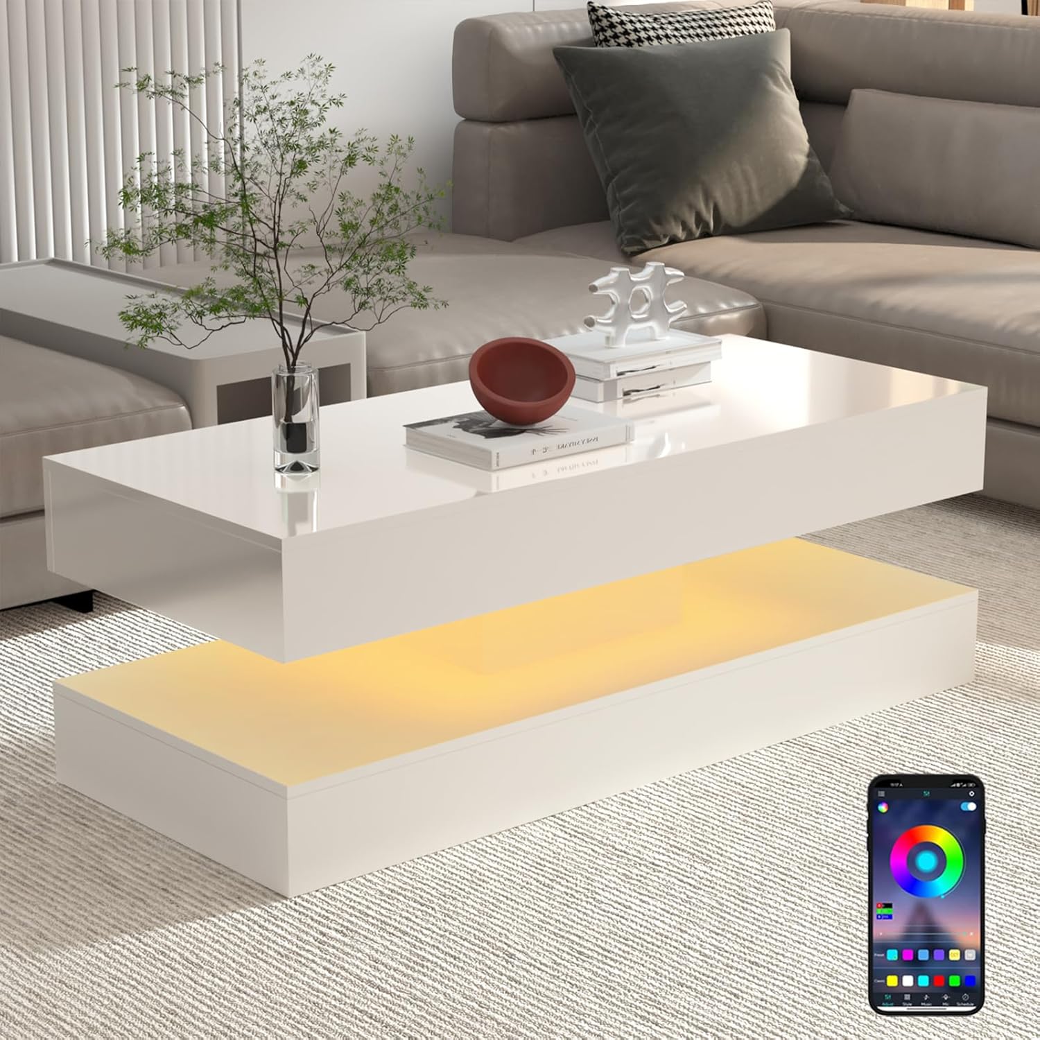 Uspeedy 47.3IN High Glossy LED Coffee Table,APP LED Lights,Black/White, Modern Furniture for Living Room (White) - Grand Goldman
