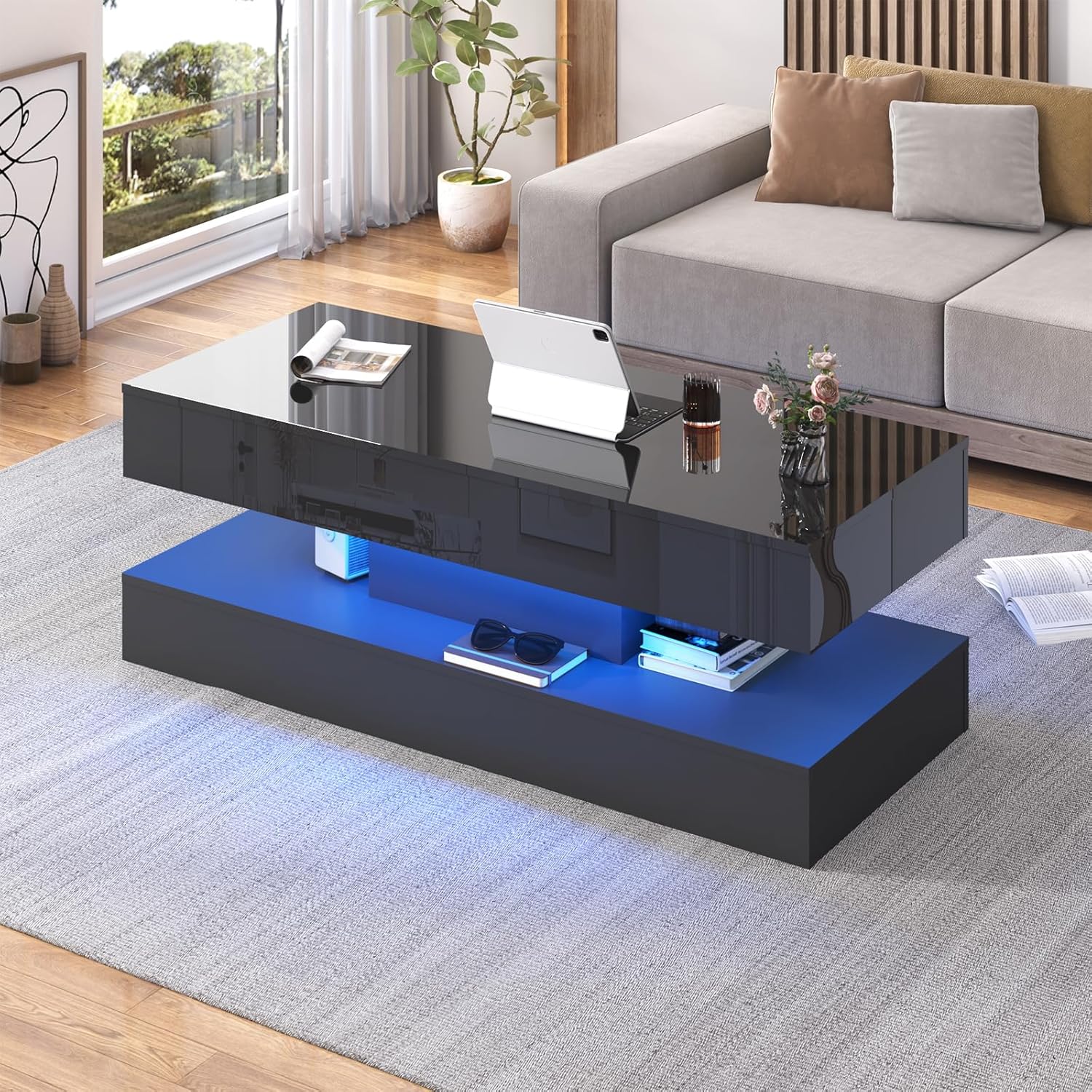 Uspeedy 47.3IN High Glossy LED Coffee Table,APP LED Lights,Black/White, Modern Furniture for Living Room (White) - Grand Goldman