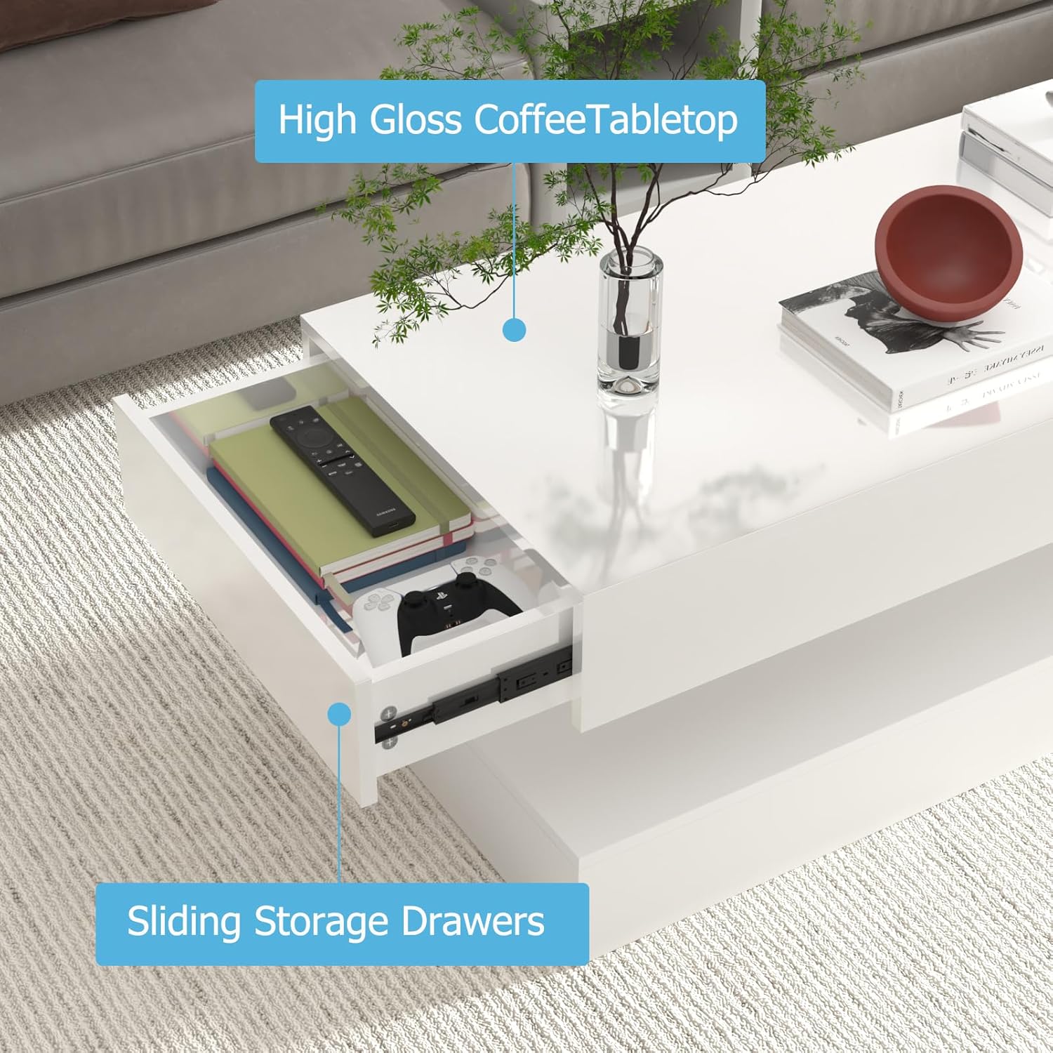 Uspeedy 47.3IN High Glossy LED Coffee Table,APP LED Lights,Black/White, Modern Furniture for Living Room (White) - Grand Goldman