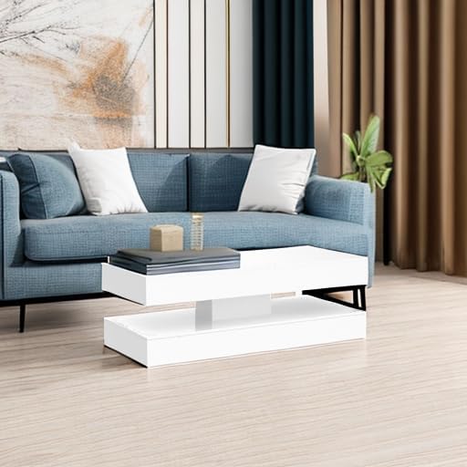 Uspeedy 47.3IN High Glossy LED Coffee Table,APP LED Lights,Black/White, Modern Furniture for Living Room (White) - Grand Goldman