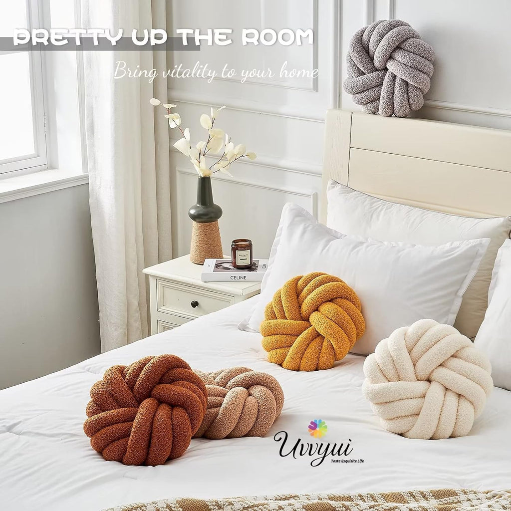 Uvvyui Knot Pillows, 14 Inch Decorative Throw Pillows Round Pillows Cushion, Soft Handmade Knotted Ball Pillow Plush Cushion Home Decor for Bed Couch Living Room (Ivory, 14 Inch) - Grand Goldman