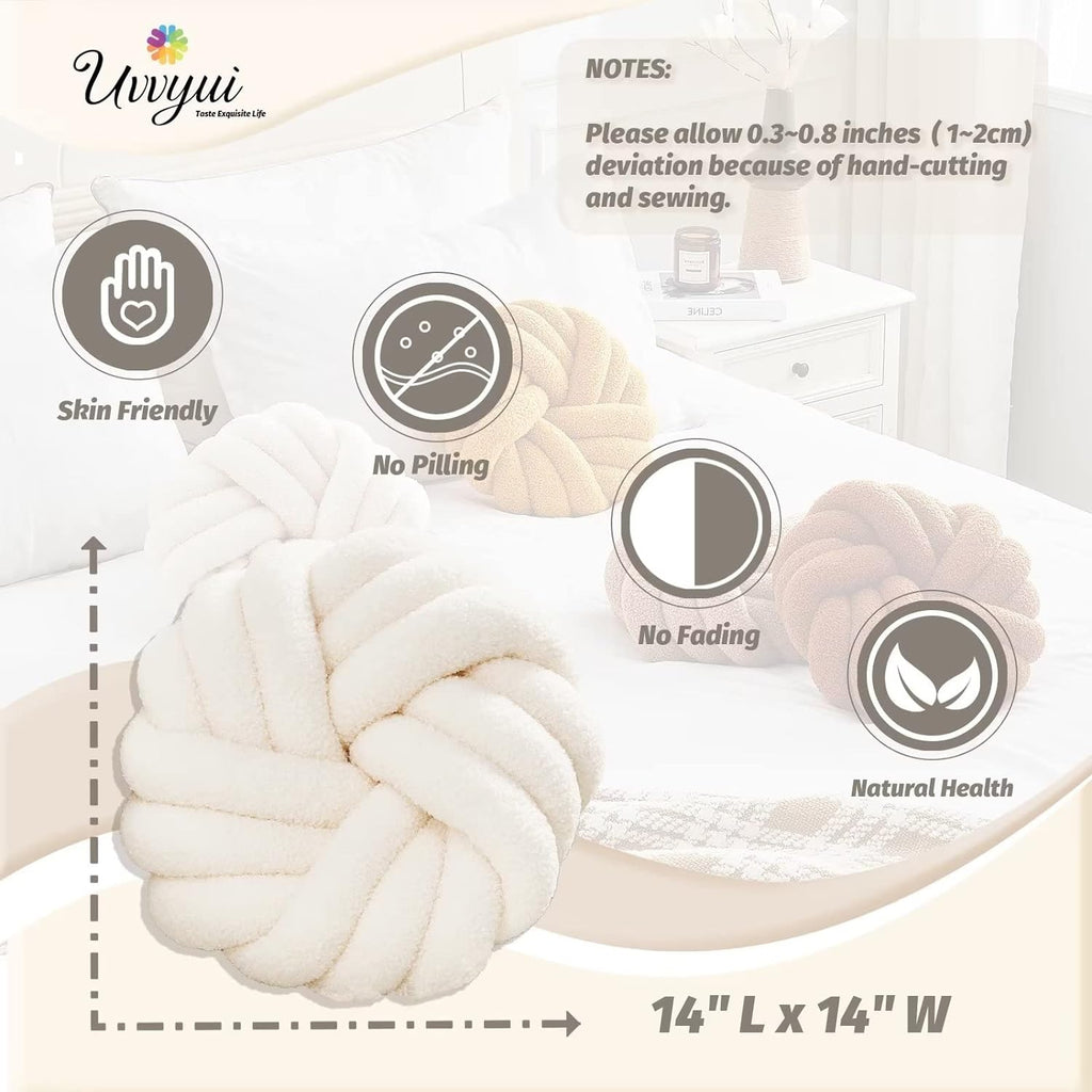 Uvvyui Knot Pillows, 14 Inch Decorative Throw Pillows Round Pillows Cushion, Soft Handmade Knotted Ball Pillow Plush Cushion Home Decor for Bed Couch Living Room (Ivory, 14 Inch) - Grand Goldman