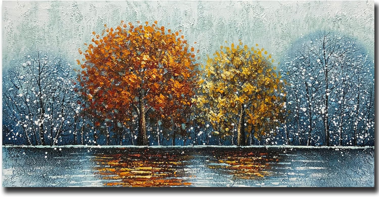 V-inspire Art, 24x48 Inch Modern Impressionist Tree art 100% Hand Painted Canvas Wall art Oil Painting Large Paintings Living Room Bedroom Wall Decoration Acrylic Paint Knife Painting - Grand Goldman