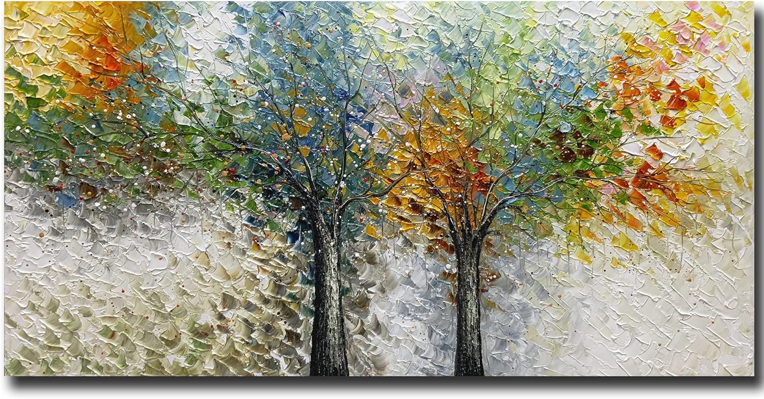 V-inspire Art, 24x48 Inch Modern Impressionist Tree art 100% Hand Painted Canvas Wall art Oil Painting Large Paintings Living Room Bedroom Wall Decoration Acrylic Paint Knife Painting - Grand Goldman