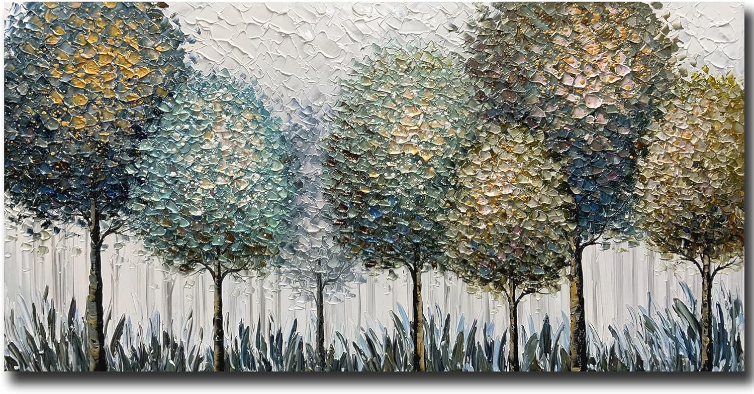 V-inspire Art, 24x48 Inch Modern Impressionist Tree art 100% Hand Painted Canvas Wall art Oil Painting Large Paintings Living Room Bedroom Wall Decoration Acrylic Paint Knife Painting - Grand Goldman
