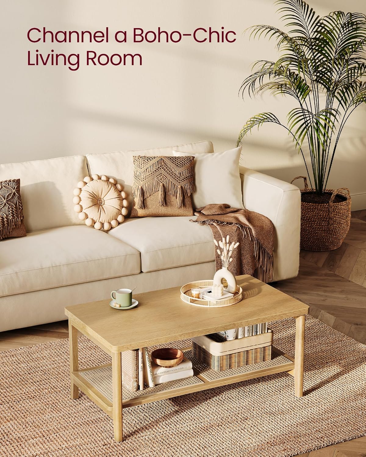 VASAGLE 2-Tier Coffee Table for Living Room, Living Room Table Rectangular Center Table, with PVC Rattan Storage Shelf, Rounded Corners, Easy Assembly, Boho Style, Oak Beige ULCT240Y57 - Grand Goldman