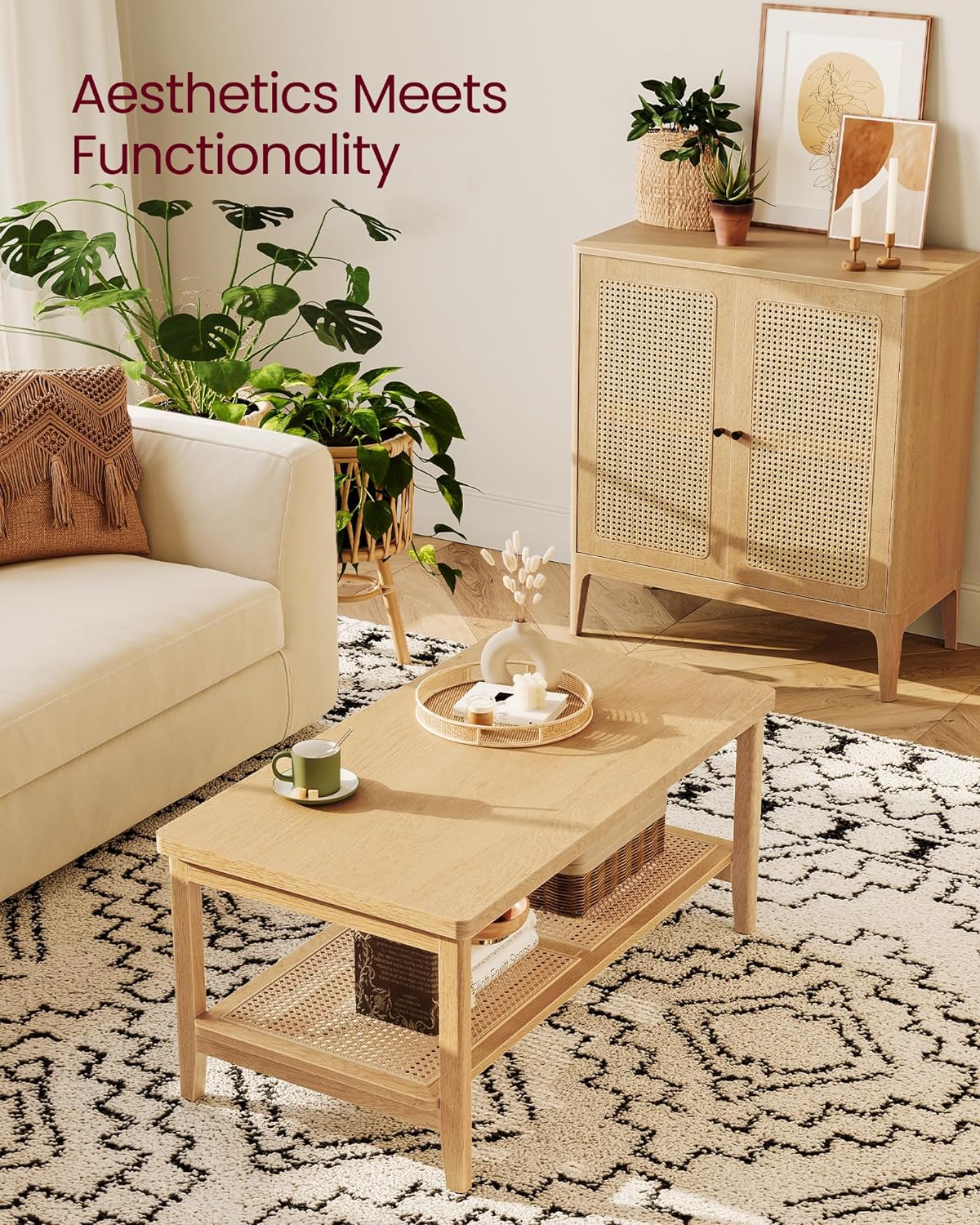 VASAGLE 2-Tier Coffee Table for Living Room, Living Room Table Rectangular Center Table, with PVC Rattan Storage Shelf, Rounded Corners, Easy Assembly, Boho Style, Oak Beige ULCT240Y57 - Grand Goldman