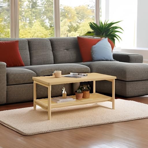 VASAGLE 2-Tier Coffee Table for Living Room, Living Room Table Rectangular Center Table, with PVC Rattan Storage Shelf, Rounded Corners, Easy Assembly, Boho Style, Oak Beige ULCT240Y57 - Grand Goldman