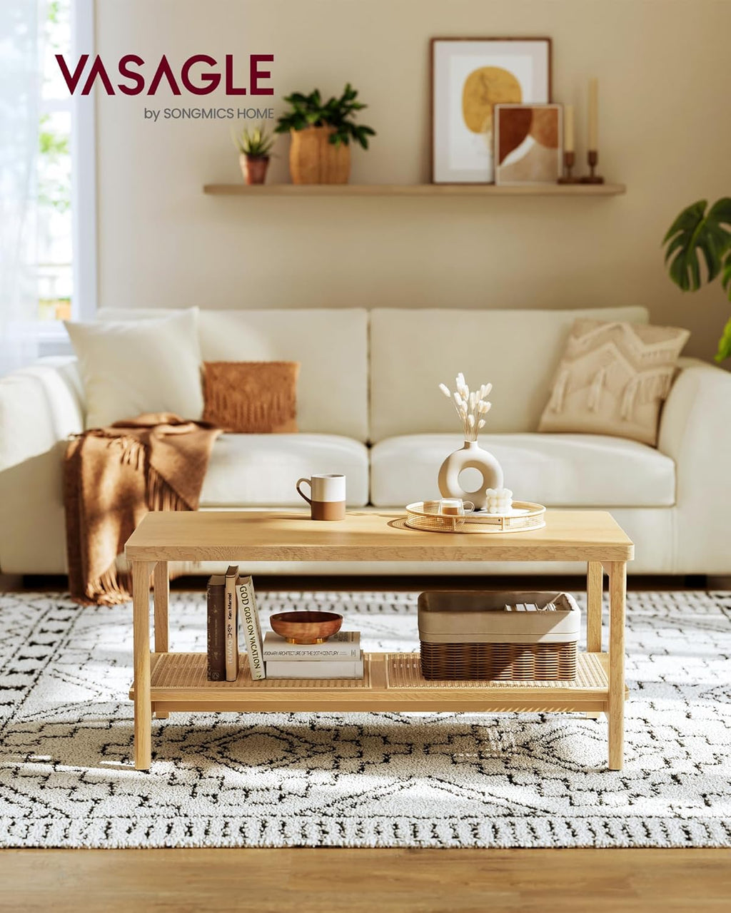 VASAGLE 2-Tier Coffee Table for Living Room, Living Room Table Rectangular Center Table, with PVC Rattan Storage Shelf, Rounded Corners, Easy Assembly, Boho Style, Oak Beige ULCT240Y57 - Grand Goldman