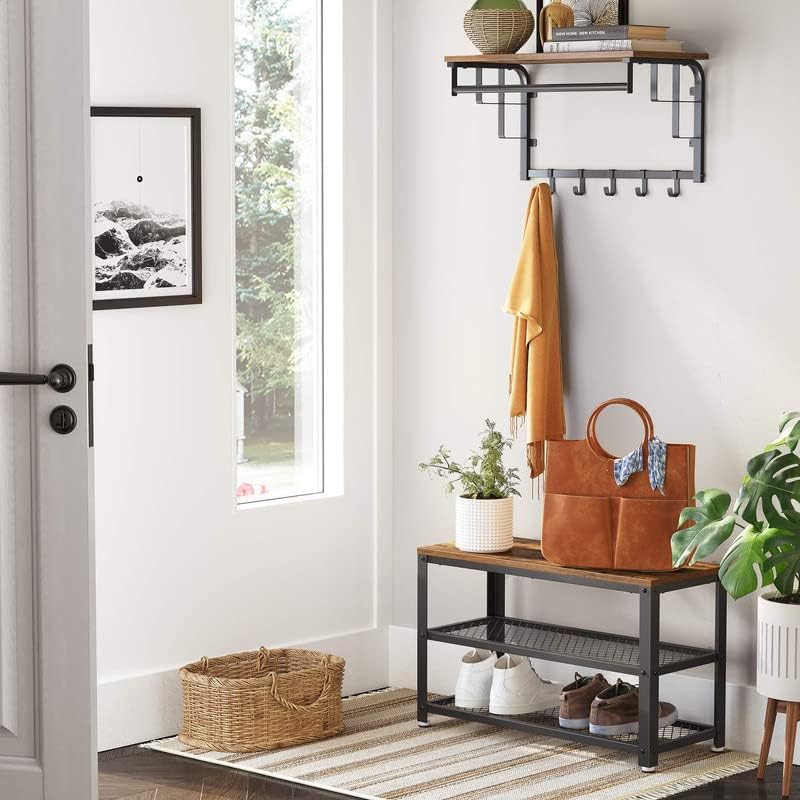 VASAGLE, 3-Tier Shoe Rack, Shelf Storage Bench with Metal Mesh Shelves and Seat, Free Standing Shoe Organizer for Entryway, 11.8 x 28.7 x 17.7 Inches, Rustic Brown and Black ULBS73X - Grand Goldman