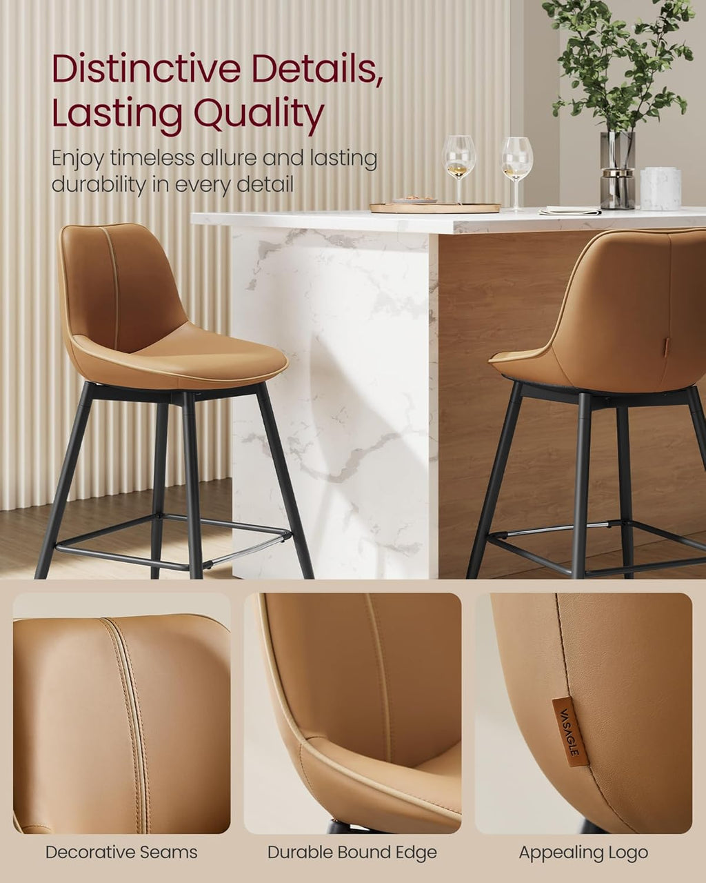 VASAGLE Bar Stools Set of 2, Counter Height Bar Stools with Back, Ergonomic Backrest, Synthetic Leather, Metal Legs, 24.4-Inch Tall Stools for Kitchen Island Home Bar, Caramel Brown ULBC088K01 - Grand Goldman