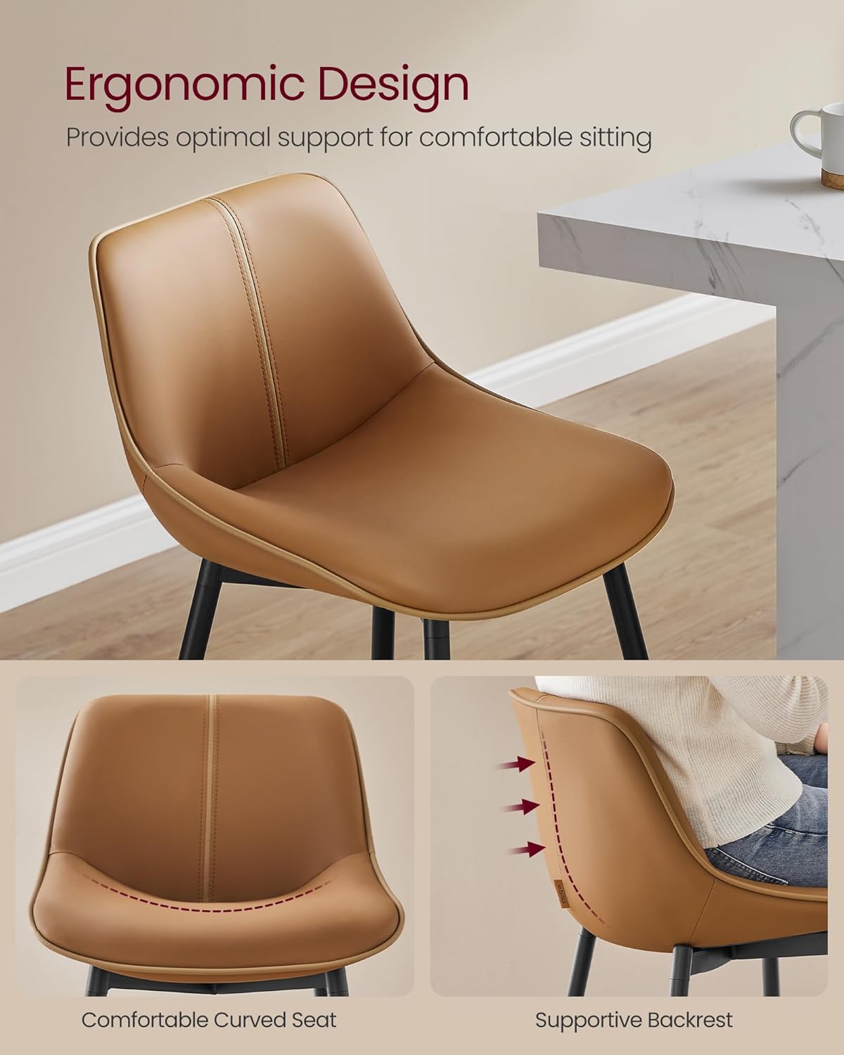 VASAGLE Bar Stools Set of 2, Counter Height Bar Stools with Back, Ergonomic Backrest, Synthetic Leather, Metal Legs, 24.4-Inch Tall Stools for Kitchen Island Home Bar, Caramel Brown ULBC088K01 - Grand Goldman