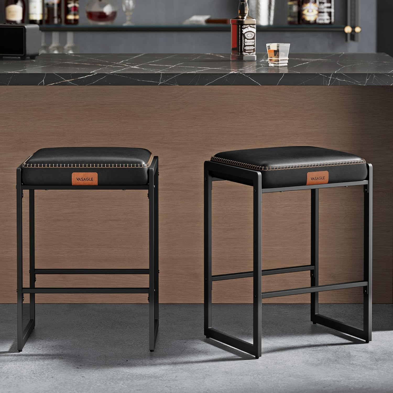 VASAGLE EKHO Collection - Bar Stools Set of 2, Counter Height Bar Stools, Synthetic Leather with Stitching, Mid-Century Modern Counter Stools, 26-Inch Tall, Kichen Home Bar Dining Room, Caramel Brown - Grand Goldman