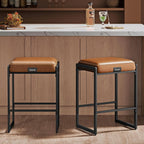 VASAGLE EKHO Collection - Bar Stools Set of 2, Counter Height Bar Stools, Synthetic Leather with Stitching, Mid-Century Modern Counter Stools, 26-Inch Tall, Kichen Home Bar Dining Room, Caramel Brown - Grand Goldman