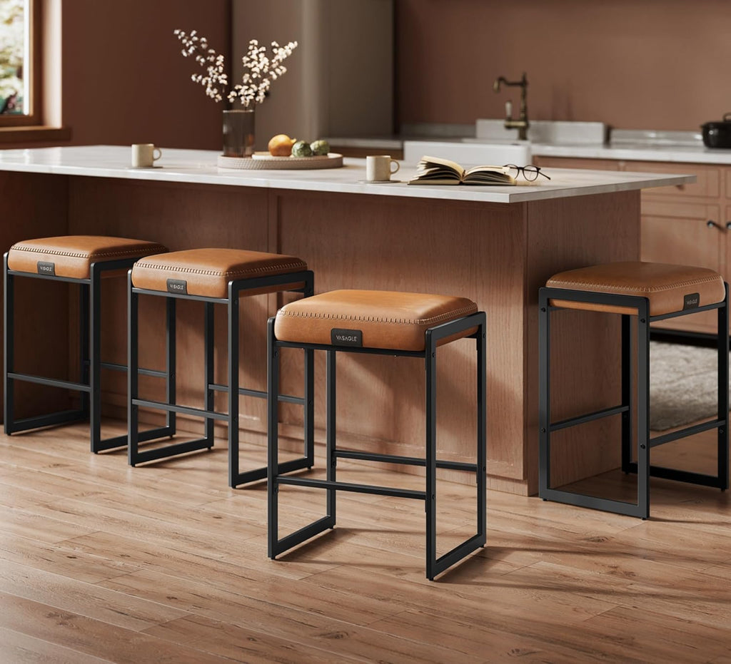 VASAGLE EKHO Collection - Bar Stools Set of 2, Counter Height Bar Stools, Synthetic Leather with Stitching, Mid-Century Modern Counter Stools, 26-Inch Tall, Kichen Home Bar Dining Room, Caramel Brown - Grand Goldman