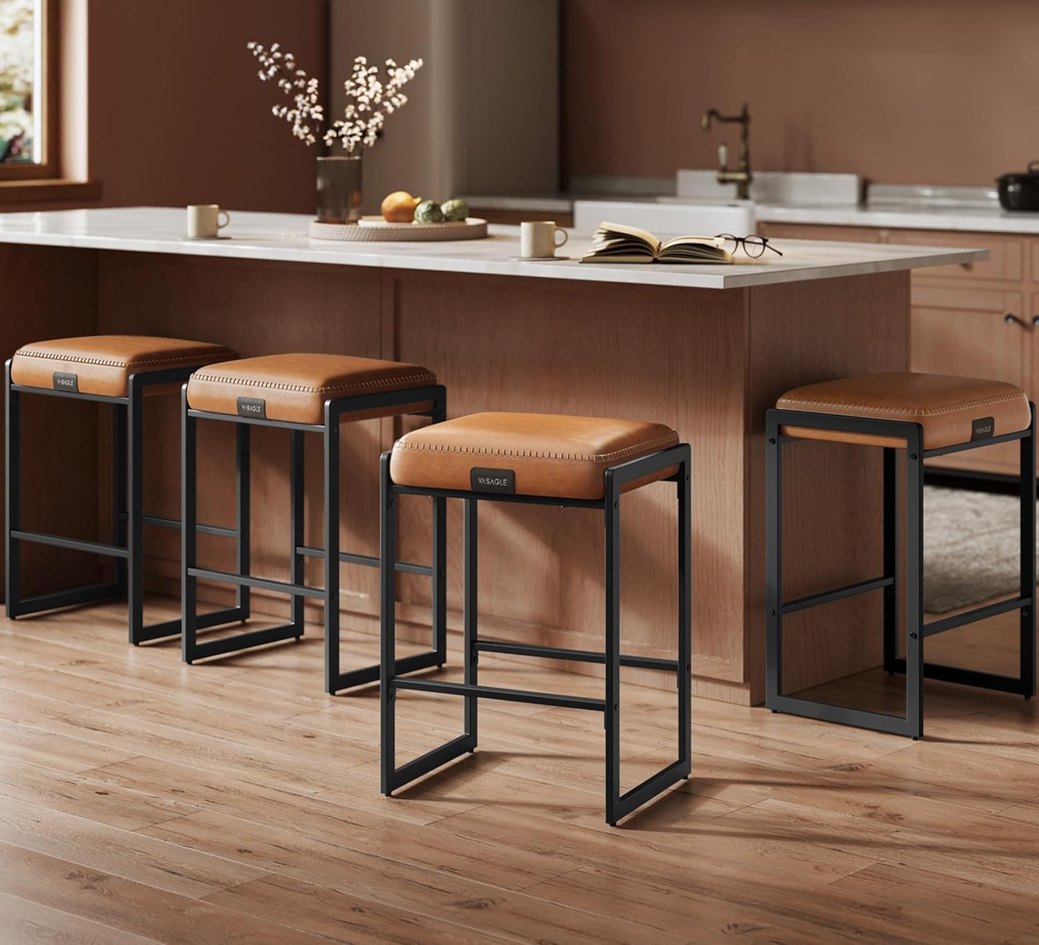 VASAGLE EKHO Collection - Bar Stools Set of 2, Counter Height Bar Stools, Synthetic Leather with Stitching, Mid-Century Modern Counter Stools, 26-Inch Tall, Kichen Home Bar Dining Room, Caramel Brown - Grand Goldman