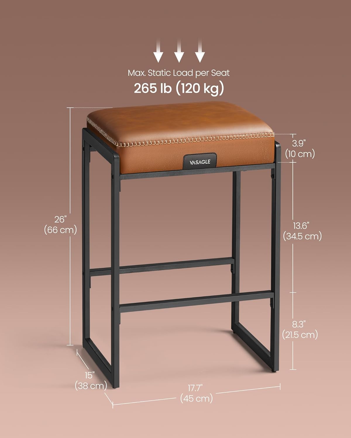 VASAGLE EKHO Collection - Bar Stools Set of 2, Counter Height Bar Stools, Synthetic Leather with Stitching, Mid-Century Modern Counter Stools, 26-Inch Tall, Kichen Home Bar Dining Room, Caramel Brown - Grand Goldman