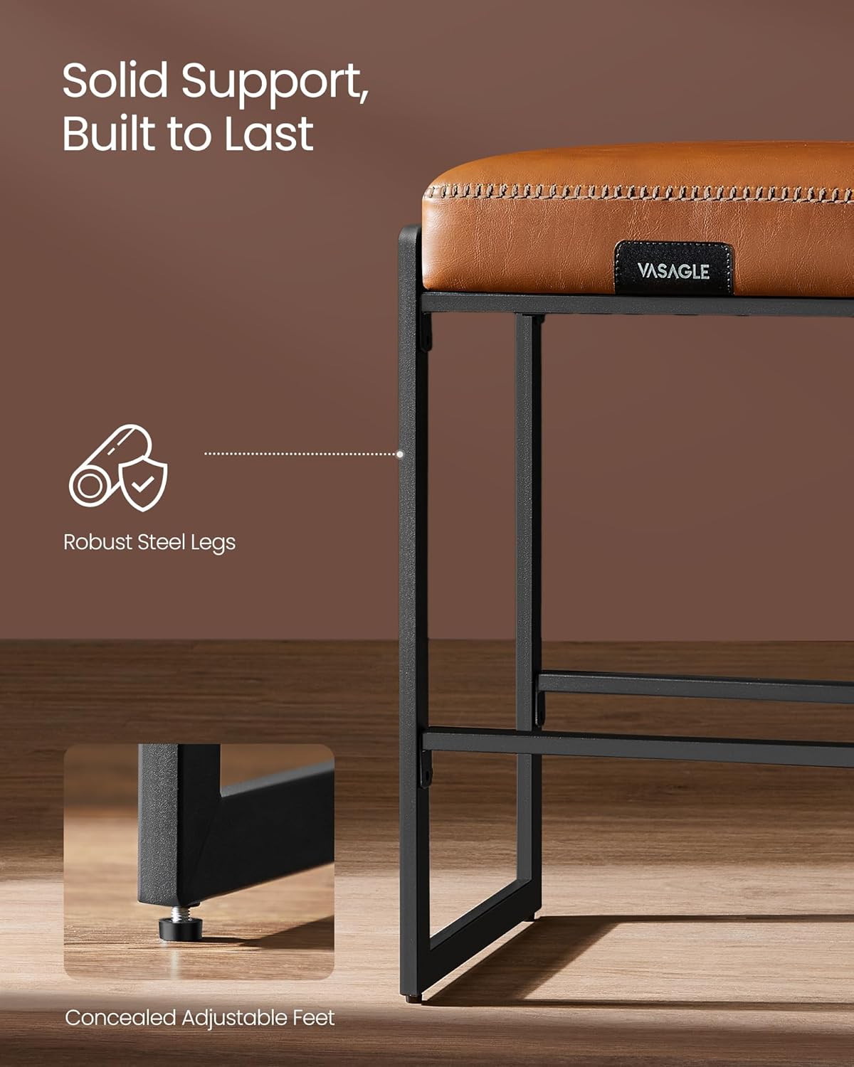 VASAGLE EKHO Collection - Bar Stools Set of 2, Counter Height Bar Stools, Synthetic Leather with Stitching, Mid-Century Modern Counter Stools, 26-Inch Tall, Kichen Home Bar Dining Room, Caramel Brown - Grand Goldman