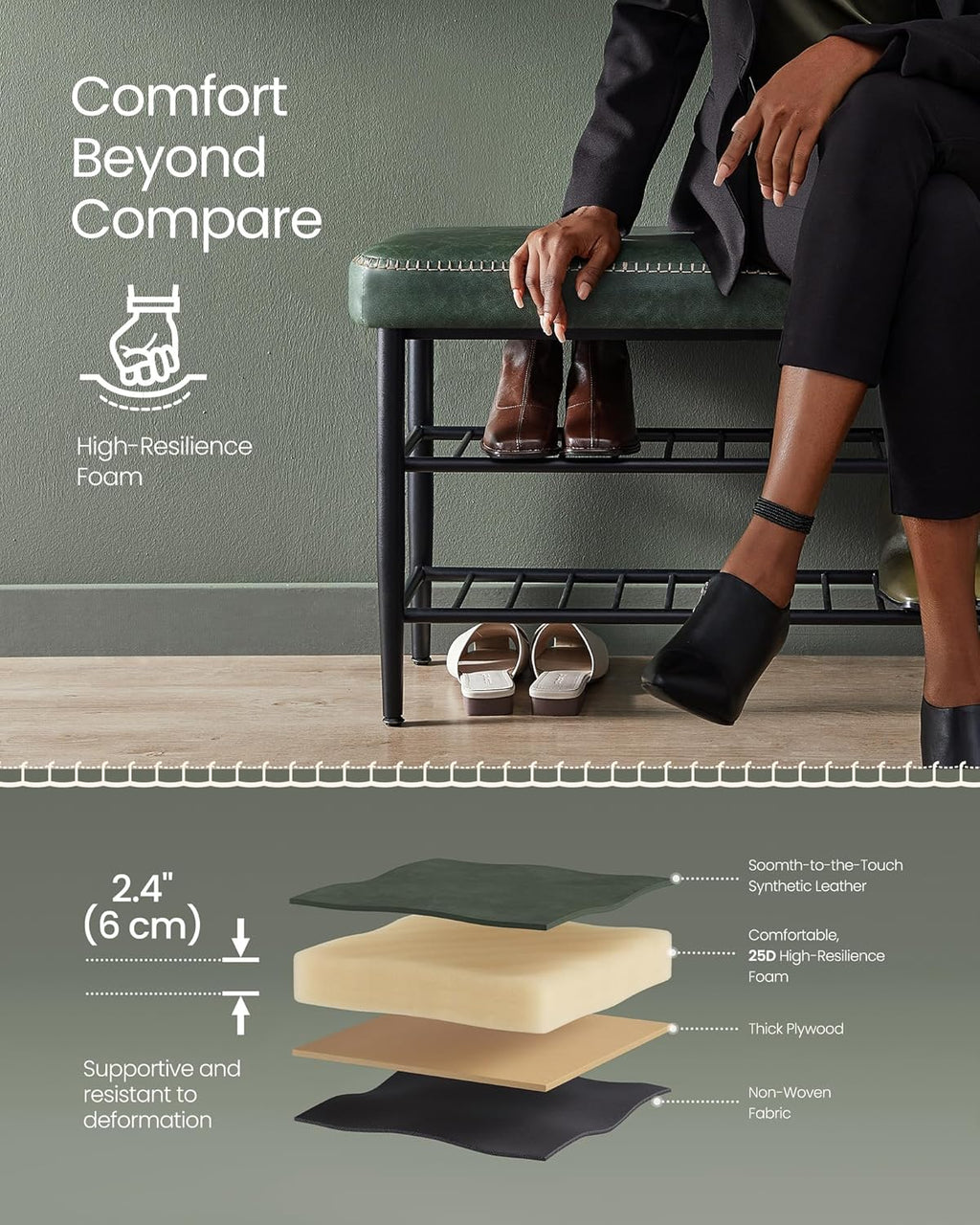 VASAGLE EKHO Collection - Shoe Bench, Storage Bench, Shoe Rack Bench Entryway, Synthetic Leather with Stitching, Mid-Century Modern, Loads 300 lb, 11.8 x 31.5 x 19.7 Inches, Forest Green ULSB054C01 - Grand Goldman