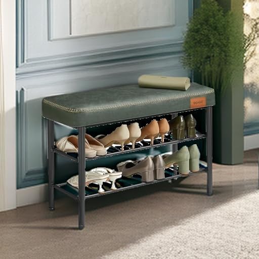 VASAGLE EKHO Collection - Shoe Bench, Storage Bench, Shoe Rack Bench Entryway, Synthetic Leather with Stitching, Mid-Century Modern, Loads 300 lb, 11.8 x 31.5 x 19.7 Inches, Forest Green ULSB054C01 - Grand Goldman