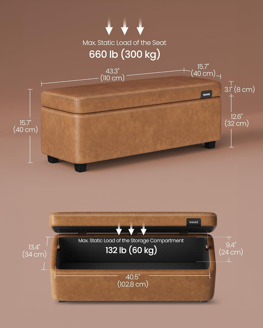 VASAGLE EKHO Collection - Storage Ottoman Bench, Entryway Bedroom Bench, 25 Gallons, Synthetic Leather with Stitching, Mid-Century Modern, Safety Hinges, Loads 660 lb, Caramel Brown ULOM075K01 - Grand Goldman