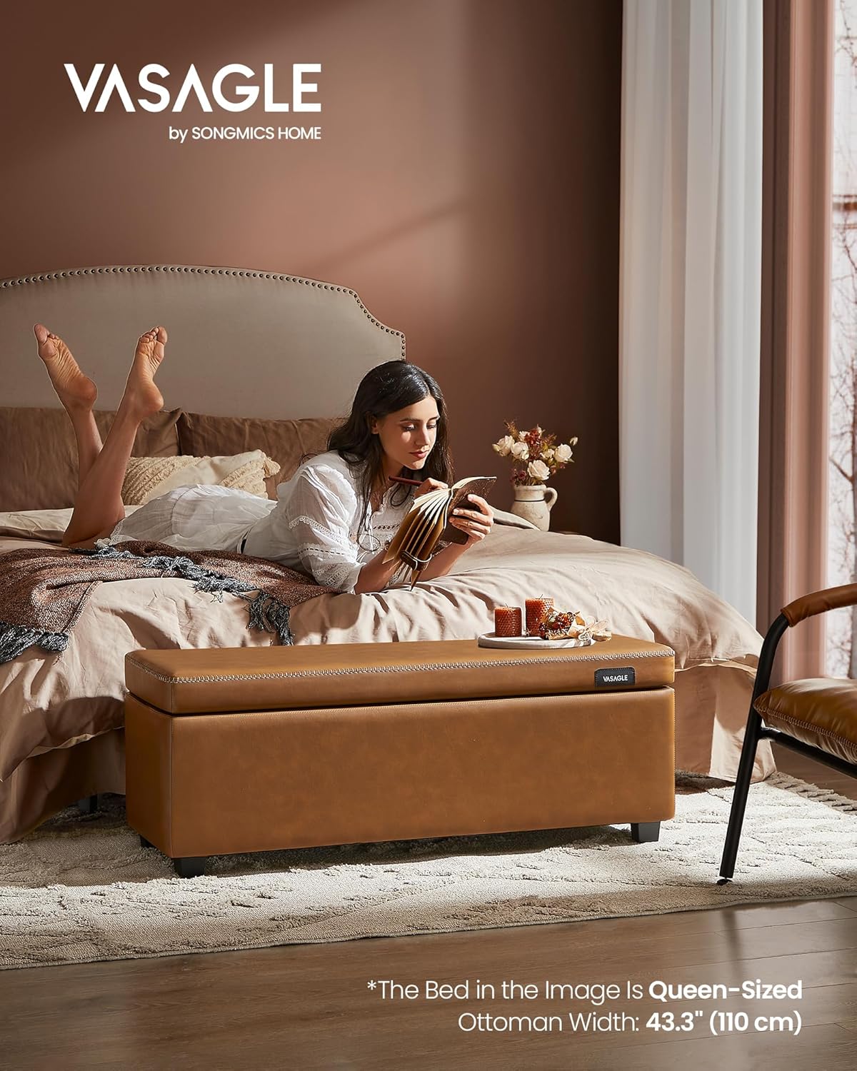 VASAGLE EKHO Collection - Storage Ottoman Bench, Entryway Bedroom Bench, 25 Gallons, Synthetic Leather with Stitching, Mid-Century Modern, Safety Hinges, Loads 660 lb, Caramel Brown ULOM075K01 - Grand Goldman