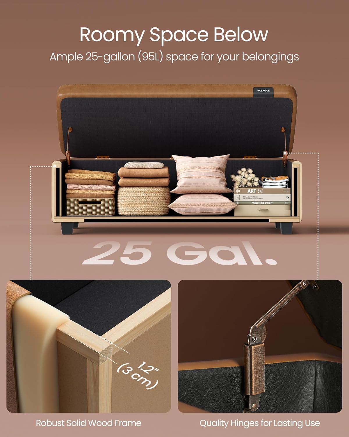 VASAGLE EKHO Collection - Storage Ottoman Bench, Entryway Bedroom Bench, 25 Gallons, Synthetic Leather with Stitching, Mid-Century Modern, Safety Hinges, Loads 660 lb, Caramel Brown ULOM075K01 - Grand Goldman