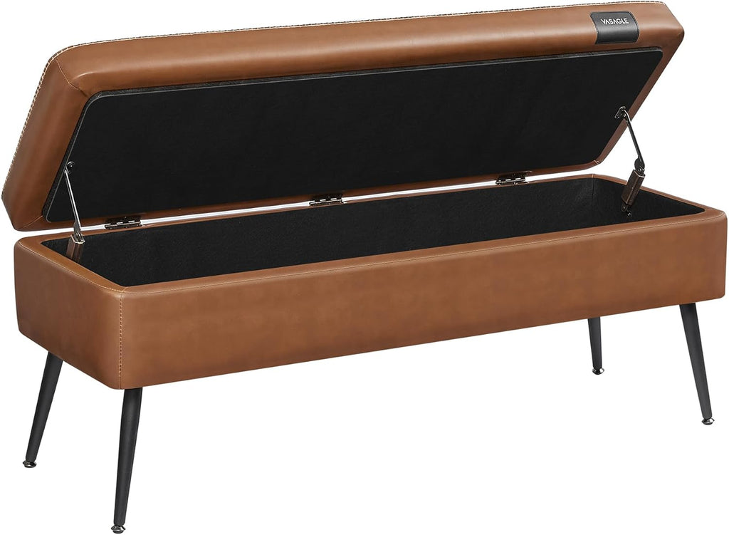 VASAGLE EKHO Collection - Storage Ottoman Bench, Entryway Bedroom Bench, 25 Gallons, Synthetic Leather with Stitching, Mid-Century Modern, Safety Hinges, Loads 660 lb, Caramel Brown ULOM075K01 - Grand Goldman