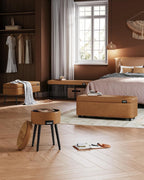 VASAGLE EKHO Collection - Storage Ottoman Bench, Entryway Bedroom Bench, 25 Gallons, Synthetic Leather with Stitching, Mid-Century Modern, Safety Hinges, Loads 660 lb, Caramel Brown ULOM075K01 - Grand Goldman