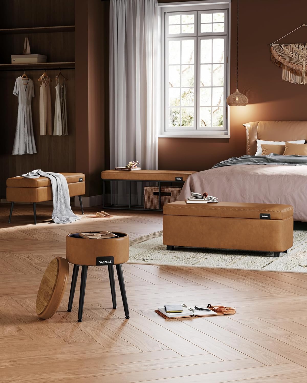 VASAGLE EKHO Collection - Storage Ottoman Bench, Entryway Bedroom Bench, 25 Gallons, Synthetic Leather with Stitching, Mid-Century Modern, Safety Hinges, Loads 660 lb, Caramel Brown ULOM075K01 - Grand Goldman