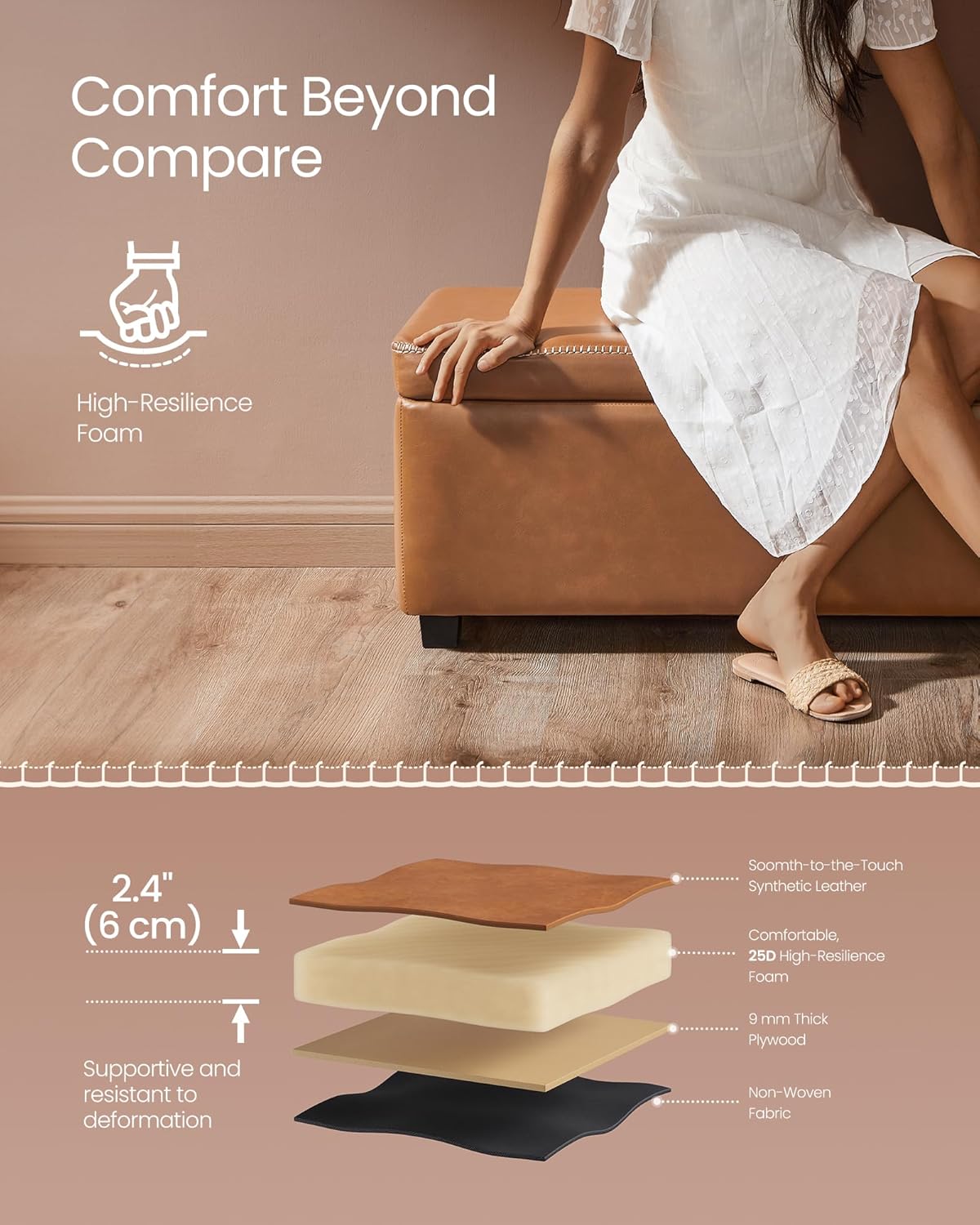 VASAGLE EKHO Collection - Storage Ottoman Bench, Entryway Bedroom Bench, 25 Gallons, Synthetic Leather with Stitching, Mid-Century Modern, Safety Hinges, Loads 660 lb, Caramel Brown ULOM075K01 - Grand Goldman