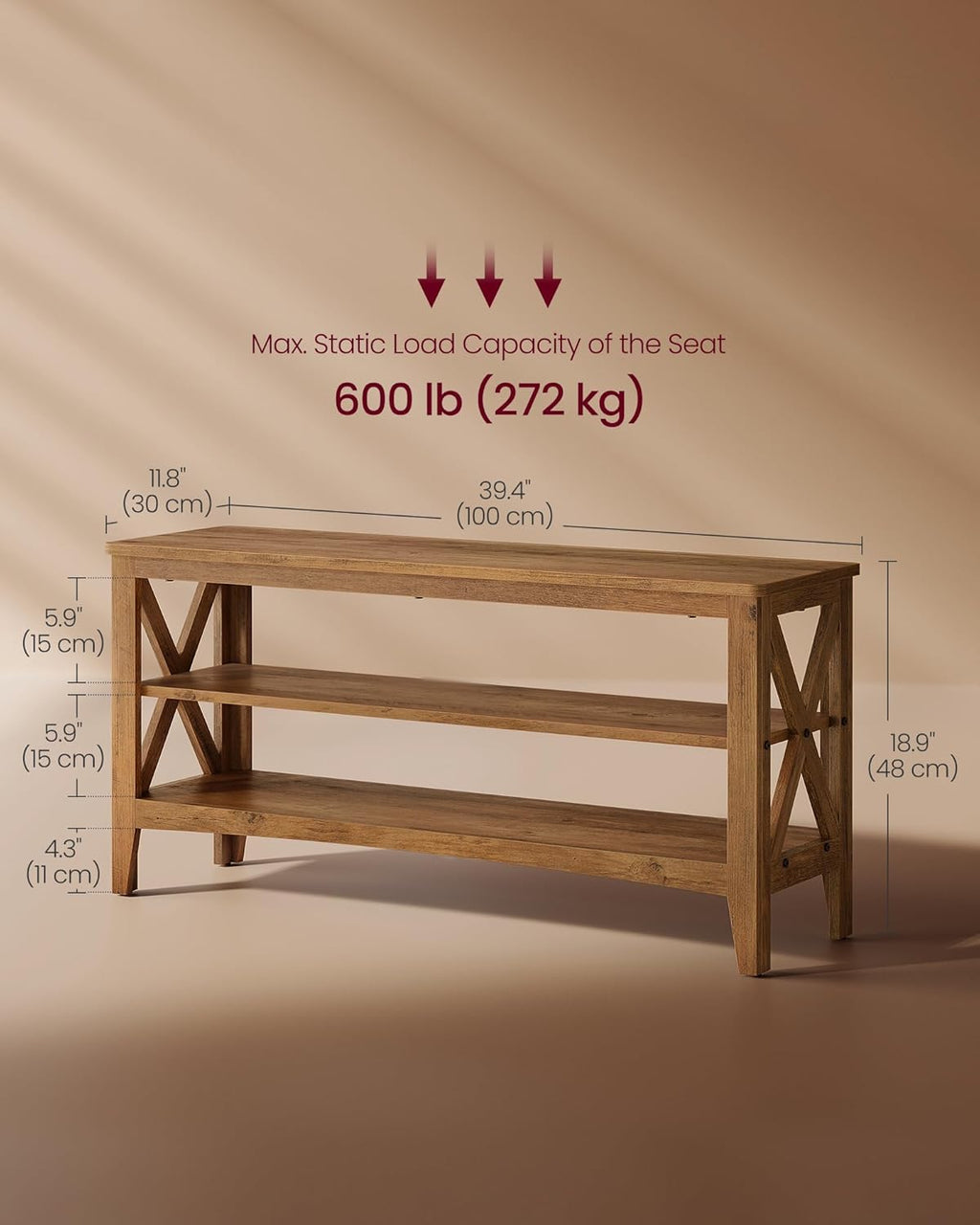 VASAGLE, Entryway Storage Bench, 2-Tier Shoe Rack, 11.8 x 39.4 x 18.9 Inches, Holds up to 600 lb, Farmhouse Style, for Living Room, Bedroom, Honey Brown ULSB153K41 - Grand Goldman