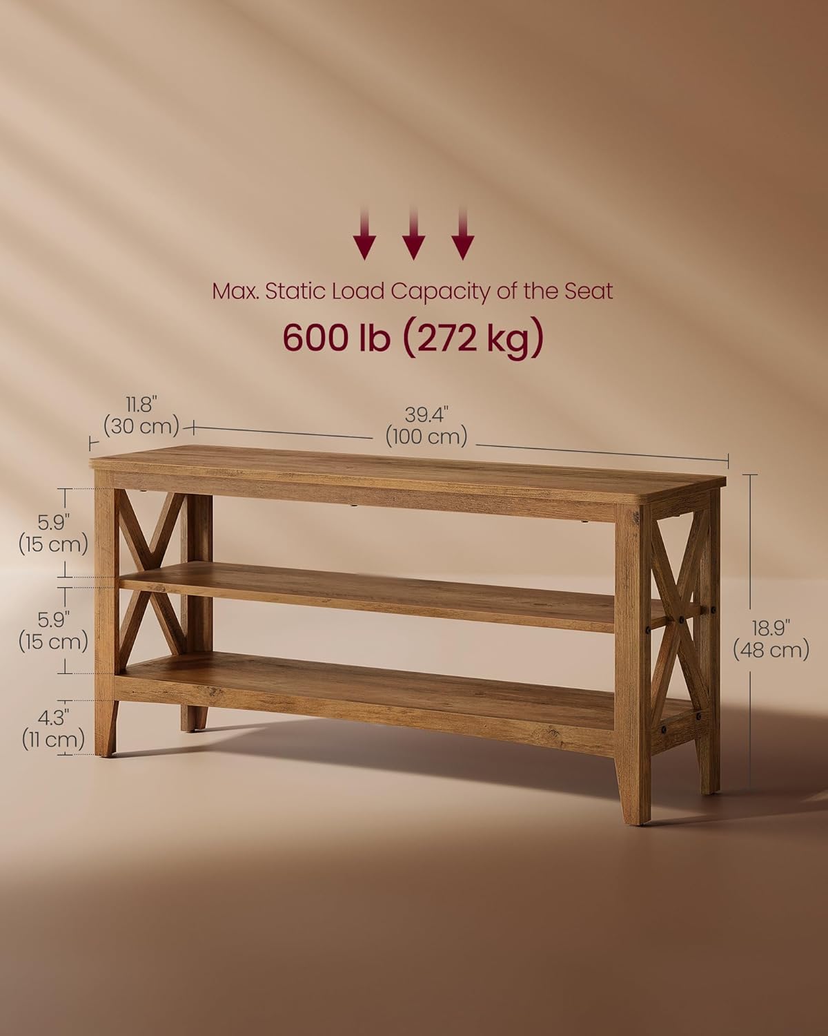 VASAGLE, Entryway Storage Bench, 2-Tier Shoe Rack, 11.8 x 39.4 x 18.9 Inches, Holds up to 600 lb, Farmhouse Style, for Living Room, Bedroom, Honey Brown ULSB153K41 - Grand Goldman