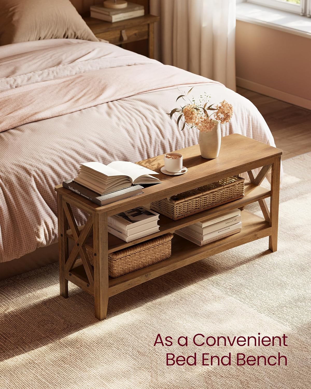 VASAGLE, Entryway Storage Bench, 2-Tier Shoe Rack, 11.8 x 39.4 x 18.9 Inches, Holds up to 600 lb, Farmhouse Style, for Living Room, Bedroom, Honey Brown ULSB153K41 - Grand Goldman