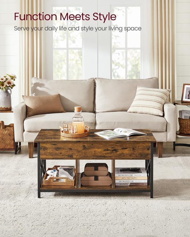 VASAGLE Lift Top Coffee Table, Lift Coffee Table with Storage Shelf, Hidden Compartments and Lifting Top, for Living Room, Office, 19.7 x 39.4 x (19.3-24.4) Inches, Rustic Brown and Black ULCT202B01 - Grand Goldman