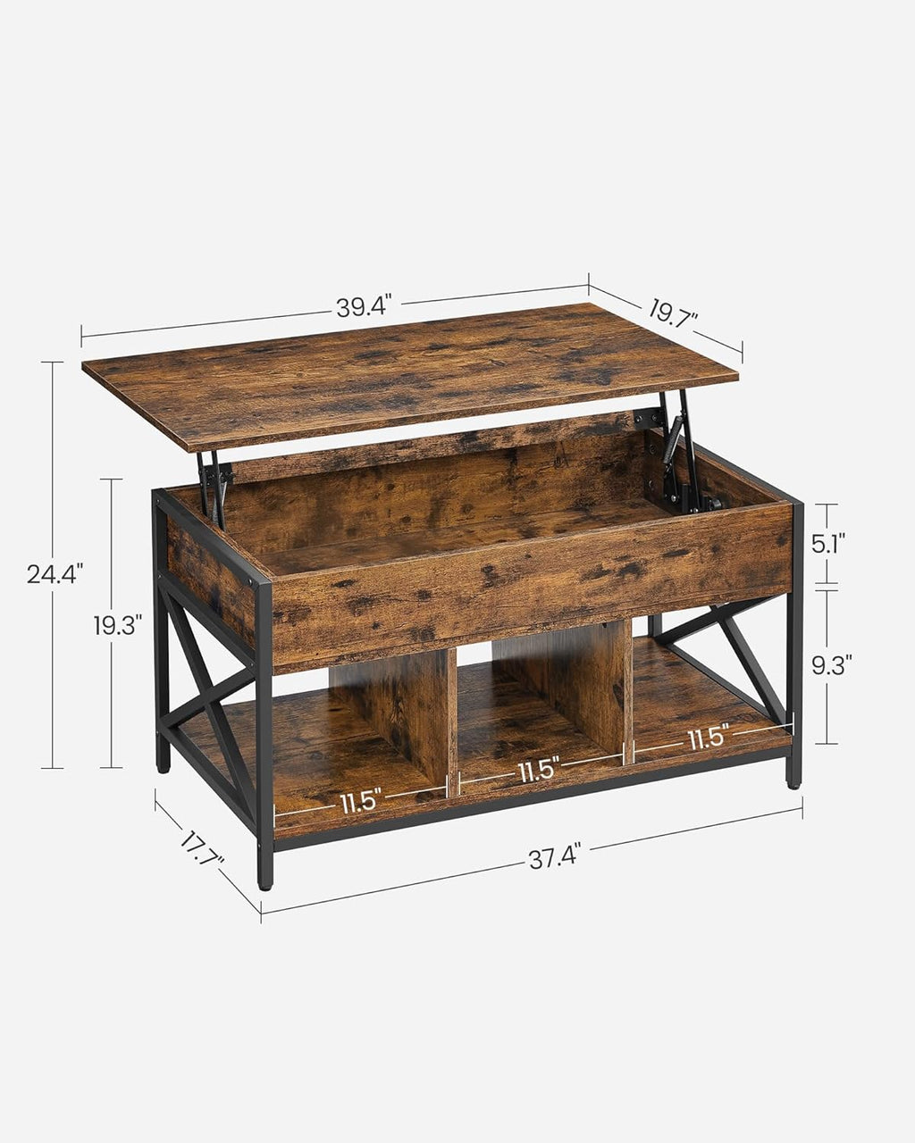 VASAGLE Lift Top Coffee Table, Lift Coffee Table with Storage Shelf, Hidden Compartments and Lifting Top, for Living Room, Office, 19.7 x 39.4 x (19.3-24.4) Inches, Rustic Brown and Black ULCT202B01 - Grand Goldman