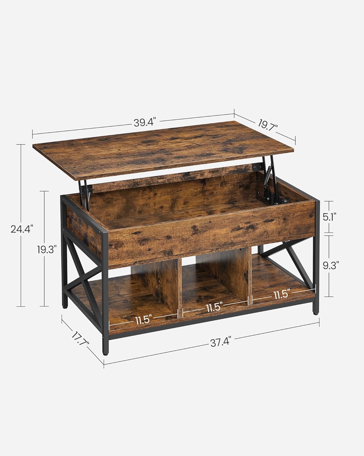 VASAGLE Lift Top Coffee Table, Lift Coffee Table with Storage Shelf, Hidden Compartments and Lifting Top, for Living Room, Office, 19.7 x 39.4 x (19.3-24.4) Inches, Rustic Brown and Black ULCT202B01 - Grand Goldman