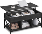 VASAGLE Lift Top Coffee Table, Lift Coffee Table with Storage Shelf, Hidden Compartments and Lifting Top, for Living Room, Office, 19.7 x 39.4 x (19.3-24.4) Inches, Rustic Brown and Black ULCT202B01 - Grand Goldman