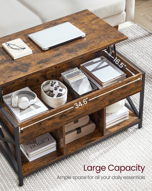 VASAGLE Lift Top Coffee Table, Lift Coffee Table with Storage Shelf, Hidden Compartments and Lifting Top, for Living Room, Office, 19.7 x 39.4 x (19.3-24.4) Inches, Rustic Brown and Black ULCT202B01 - Grand Goldman