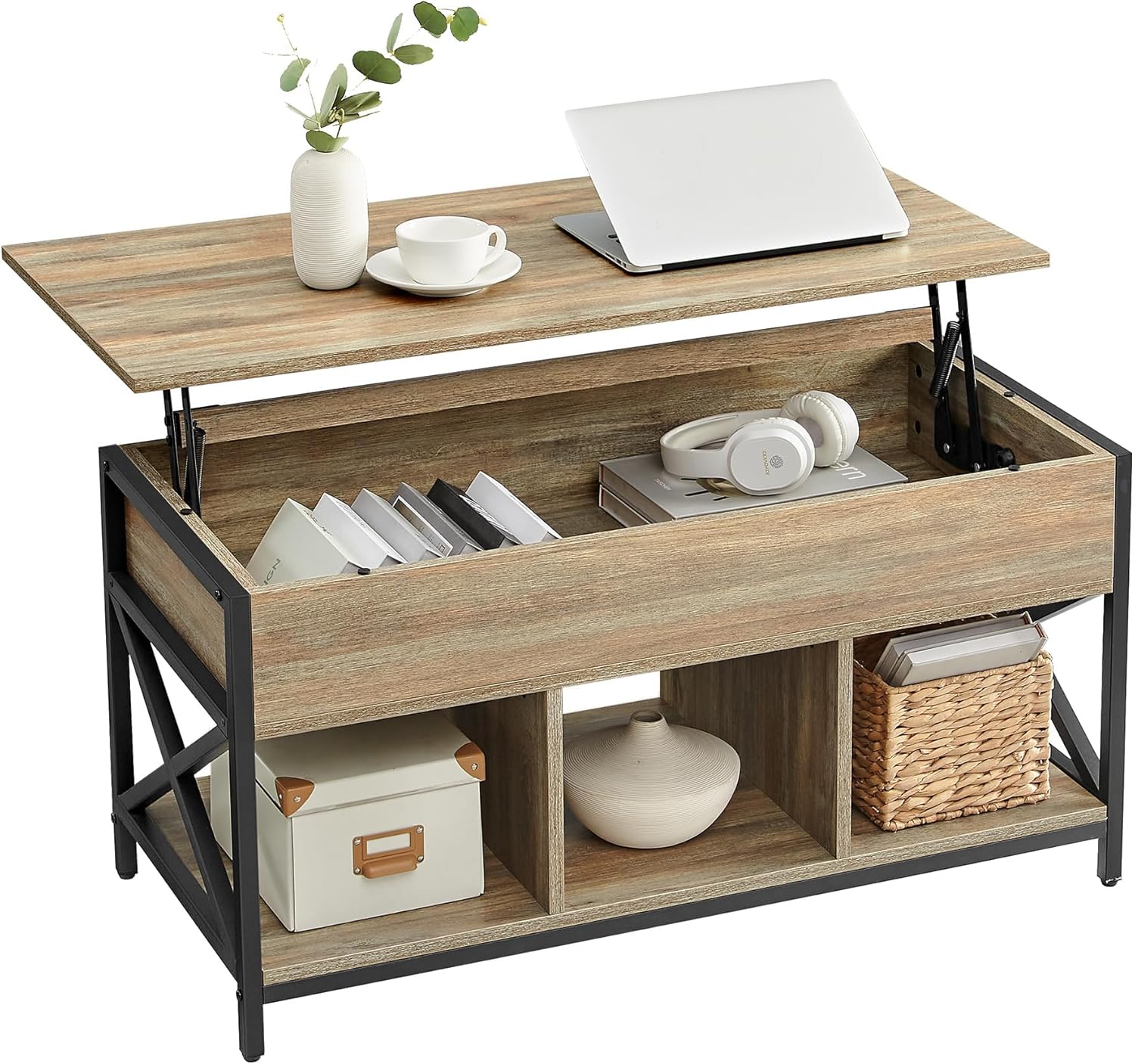 VASAGLE Lift Top Coffee Table, Lift Coffee Table with Storage Shelf, Hidden Compartments and Lifting Top, for Living Room, Office, 19.7 x 39.4 x (19.3-24.4) Inches, Rustic Brown and Black ULCT202B01 - Grand Goldman