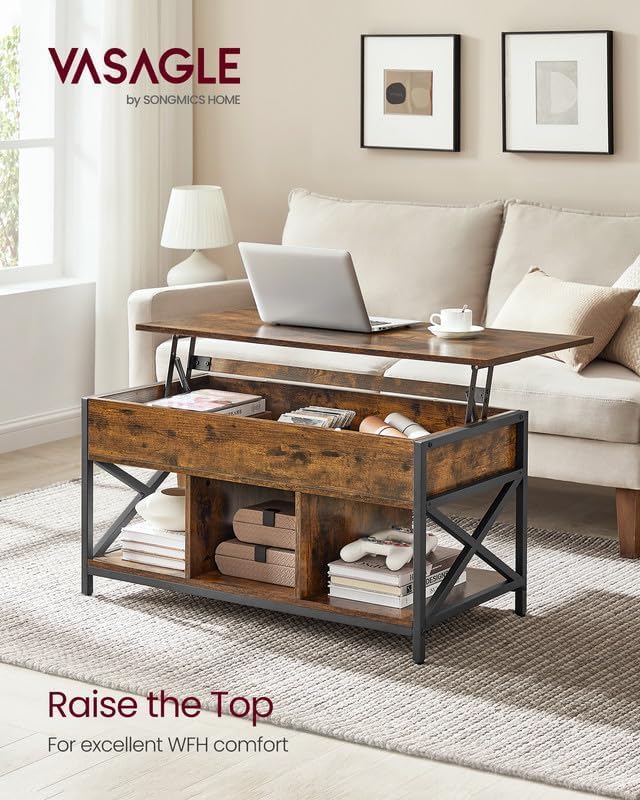 VASAGLE Lift Top Coffee Table, Lift Coffee Table with Storage Shelf, Hidden Compartments and Lifting Top, for Living Room, Office, 19.7 x 39.4 x (19.3-24.4) Inches, Rustic Brown and Black ULCT202B01 - Grand Goldman