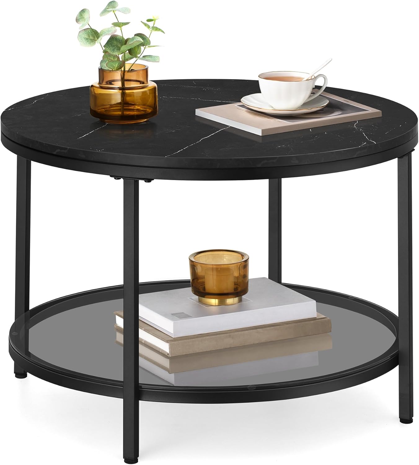 VASAGLE Round Coffee Table, Small Coffee Table with Faux Marble Top and Glass Storage Shelf, 2-Tier Circle Coffee Table, Modern Center Table for Living Room, Marble White and Pale Gold ULCT072W59 - Grand Goldman