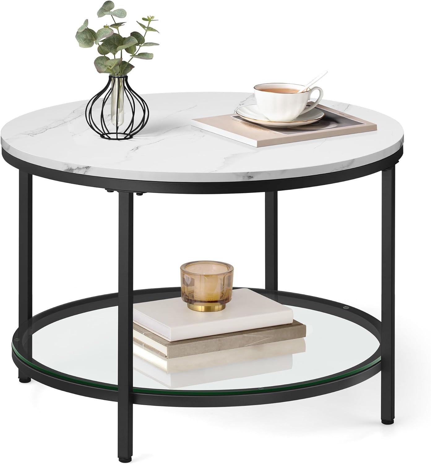 VASAGLE Round Coffee Table, Small Coffee Table with Faux Marble Top and Glass Storage Shelf, 2-Tier Circle Coffee Table, Modern Center Table for Living Room, Marble White and Pale Gold ULCT072W59 - Grand Goldman