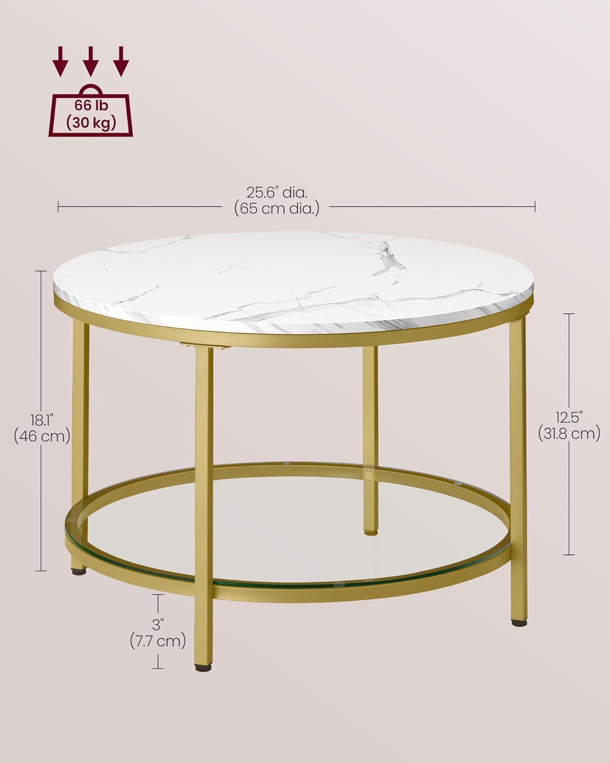 VASAGLE Round Coffee Table, Small Coffee Table with Faux Marble Top and Glass Storage Shelf, 2-Tier Circle Coffee Table, Modern Center Table for Living Room, Marble White and Pale Gold ULCT072W59 - Grand Goldman
