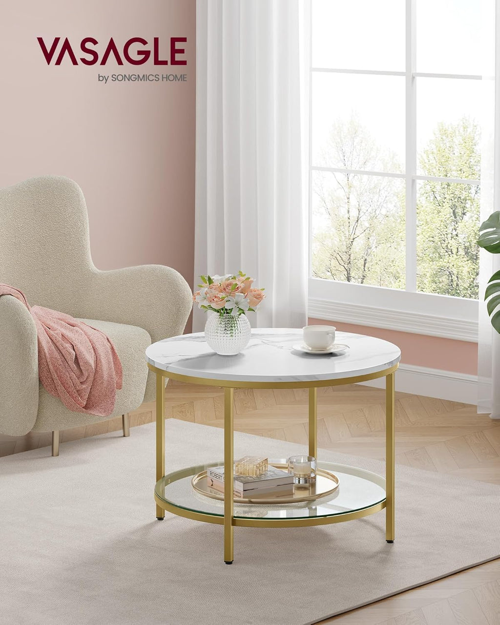 VASAGLE Round Coffee Table, Small Coffee Table with Faux Marble Top and Glass Storage Shelf, 2-Tier Circle Coffee Table, Modern Center Table for Living Room, Marble White and Pale Gold ULCT072W59 - Grand Goldman