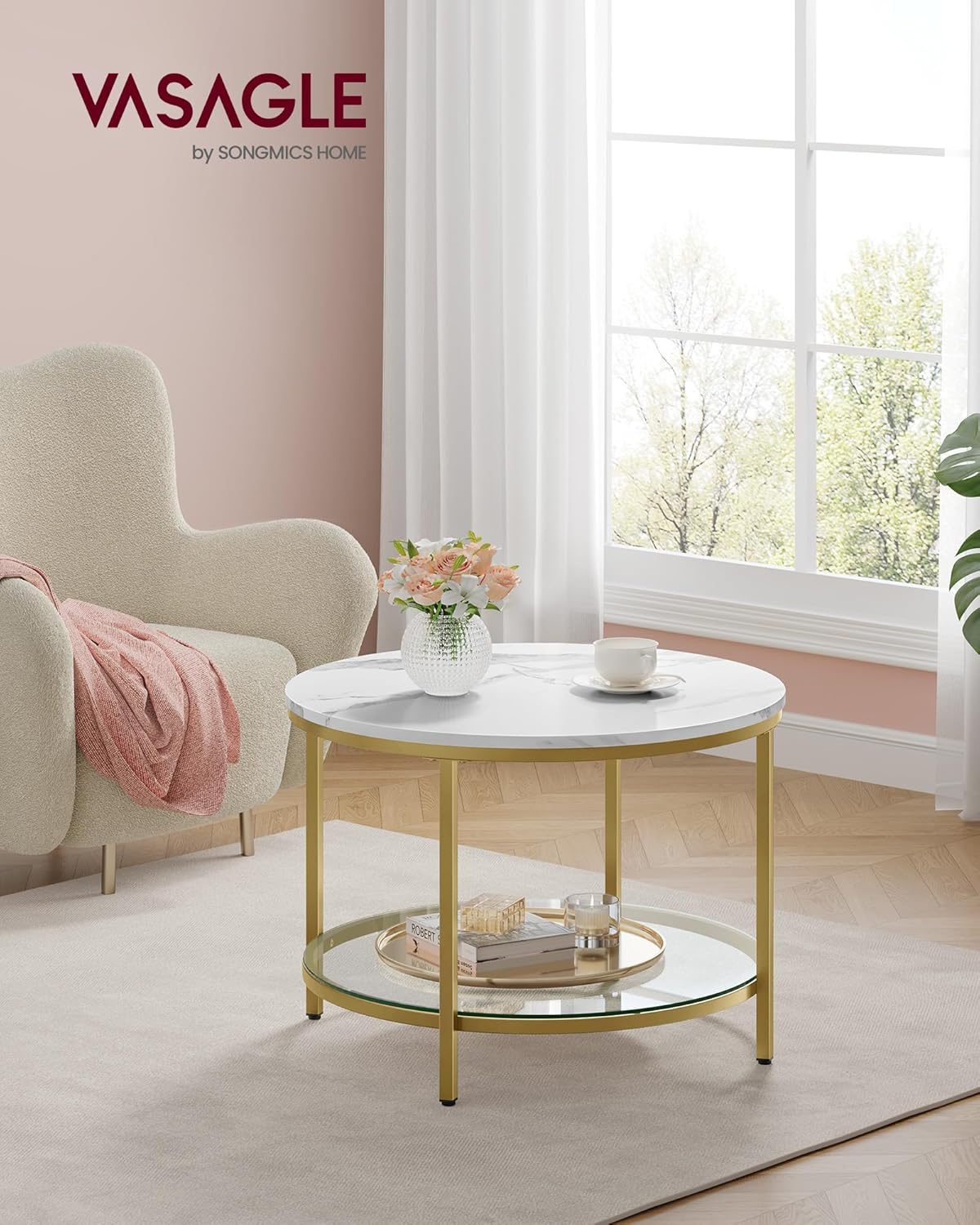 VASAGLE Round Coffee Table, Small Coffee Table with Faux Marble Top and Glass Storage Shelf, 2-Tier Circle Coffee Table, Modern Center Table for Living Room, Marble White and Pale Gold ULCT072W59 - Grand Goldman