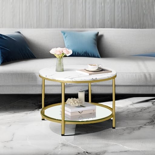 VASAGLE Round Coffee Table, Small Coffee Table with Faux Marble Top and Glass Storage Shelf, 2-Tier Circle Coffee Table, Modern Center Table for Living Room, Marble White and Pale Gold ULCT072W59 - Grand Goldman