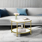 VASAGLE Round Coffee Table, Small Coffee Table with Faux Marble Top and Glass Storage Shelf, 2-Tier Circle Coffee Table, Modern Center Table for Living Room, Marble White and Pale Gold ULCT072W59 - Grand Goldman