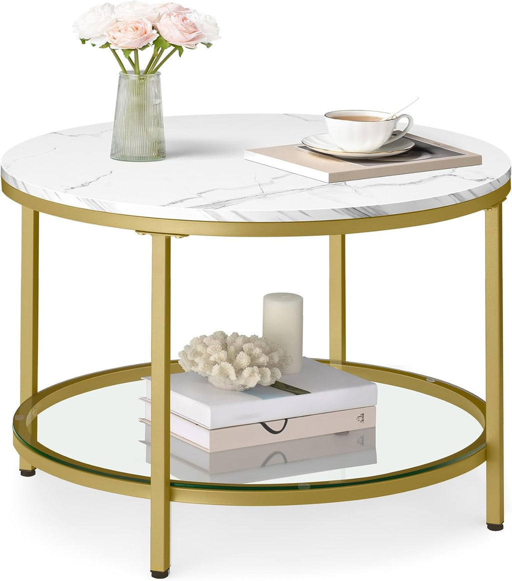 VASAGLE Round Coffee Table, Small Coffee Table with Faux Marble Top and Glass Storage Shelf, 2-Tier Circle Coffee Table, Modern Center Table for Living Room, Marble White and Pale Gold ULCT072W59 - Grand Goldman