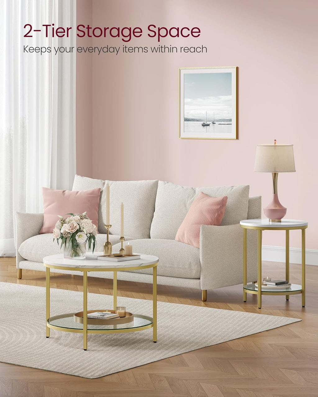 VASAGLE Round Coffee Table, Small Coffee Table with Faux Marble Top and Glass Storage Shelf, 2-Tier Circle Coffee Table, Modern Center Table for Living Room, Marble White and Pale Gold ULCT072W59 - Grand Goldman